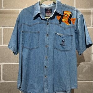 SOLD: Vintage Denim Button-Up w/ Fish Patches